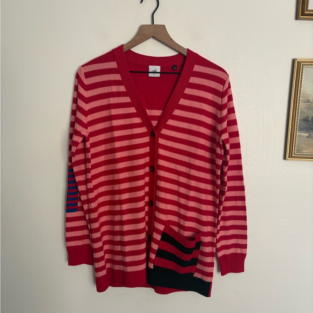 CAbi Red Pink Summer Stripe Picnic Button Knit Sweater Cardigan #5446 Medium EUC